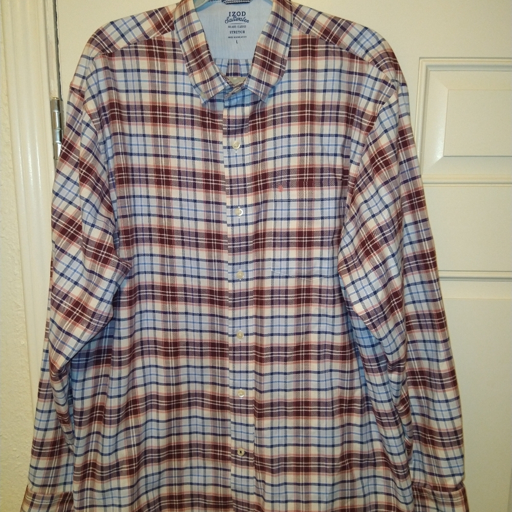Izod Saltwater Relaxed Stretch Plaid Long Sleeve Button Down Shirt Men's Sz L